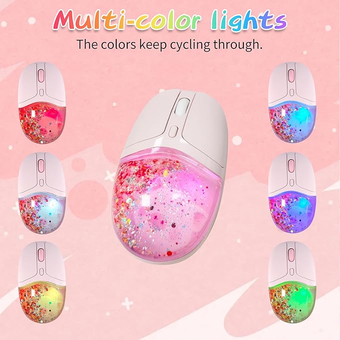 elec Space Wireless Bluetooth Mouse -Cute Clear Aqua Design Glitter Liquid Sand Water Mouse with Optical Precision Silent Clicks LED Breathing LightTransparent Retro Style for Home Office (Pink)