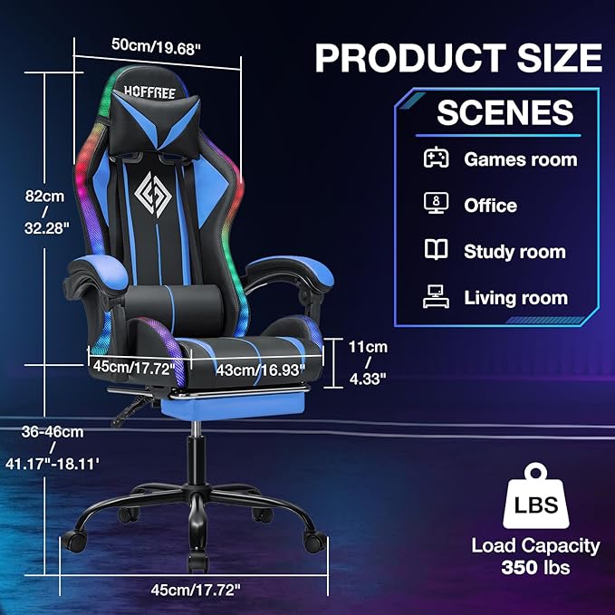 RGB Gaming Chair Massage with LED Lights and Ergonomic Computer Gaming Chair with Footrest High Back Video Game Chairs with Adjustable Lumbar Support Blue and Black