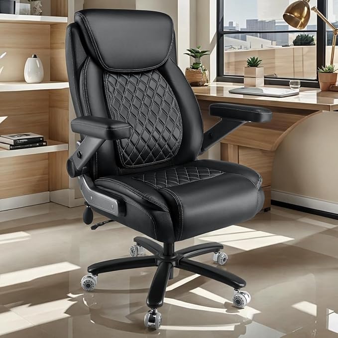 700LBS Large Heavy Duty Office Chair with 5D Flip Arms Comfy Big and Tall Executive Office Desk Chair with Pocket Spring Cushion High Back Computer Chair with Lumbar SupportDual Rubber Wheel
