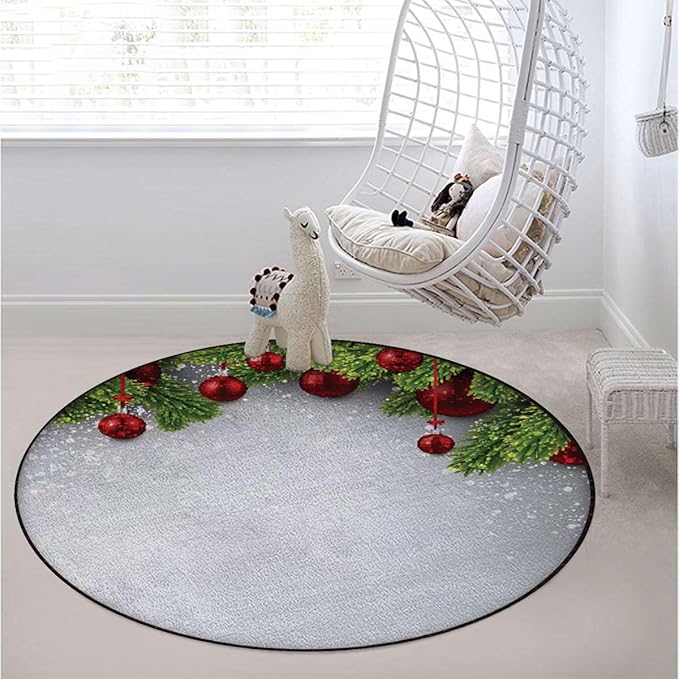 Green Red Round RugSoft Circle Washable Area Rug Non-Slip Low Pile Throw Rugs Carpet for Sofa Nursery Living Dining Room Winter Season Theme Fir Twigs and Balls Diameter 47.2 in