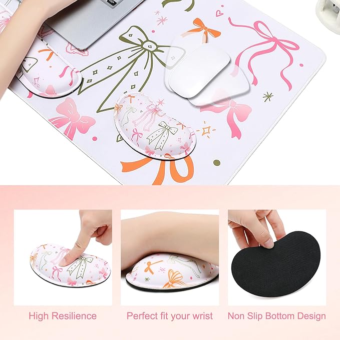 MEGREZ 4-in-1 Ergonomic Memory Foam Wrist Rest Set Desk Pad Mouse Pad with Wrist Rest Keyboard Pad Suitable for Office Workers Programmers &amp Gamers–Relieve Typing &amp Gaming Fatigue Bow