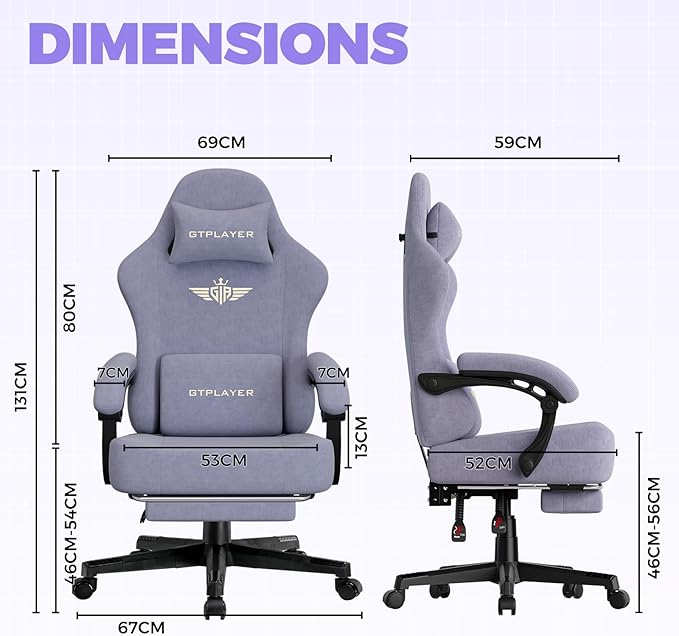GTPLAYER Gaming Chair with Pocket Spring Cushion High Back Ergonomic Computer Chair with Footrest for Adults Lumbar Support Swivel Game Chair for Office Gaming 350LBS Fabric Macaron Purple