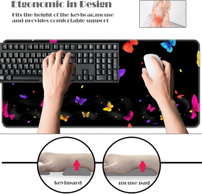 Ergonomic Keyboard Wrist Rest &amp Mouse Pad Wrist Rest SetXL Gaming Desk Mat 31.5x 11.8Non-Slip BaseMemory FoamEasy Typing Pain Relief for Office &amp HomeButterflies