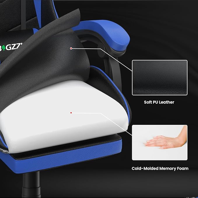 Gaming Chair with Footrest High Back Ergonomic Computer Gamer Chair with Headrest and Lumbar Support Racing Style Reclining Game Chair for Adults Kids (Blue-Black)