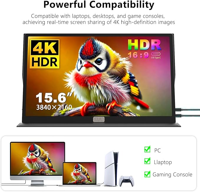 15.6 Inch 4K Touchscreen Portable Monitor UHD IPS Touch External Second Screen USB C HDMI for Laptop Mac Phone Xbox PS5 Switch (15.6 4K)