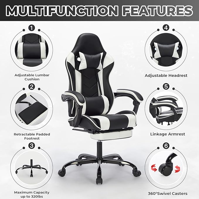 Ergonomic Office Chair Gaming Chair Home Office Computer Chair 330lbs 3-Level Tilt Backrest with Footrest Comfortable Headrest and Lumbar Support Swivel Rolling Seating (White)