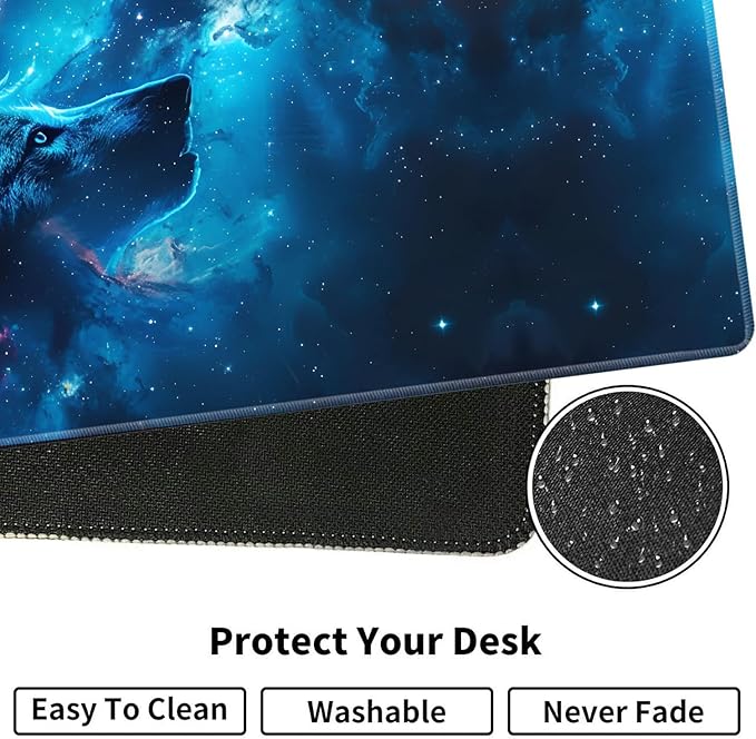 Large XXL Gaming Desk Mat 31.5x 11.8 Ergonomic Keyboard Wrist Rest &amp Mouse Pad Wrist Rest + Coaster Set Non-Slip Base Memory Foam Office and Home Nebular Wolf