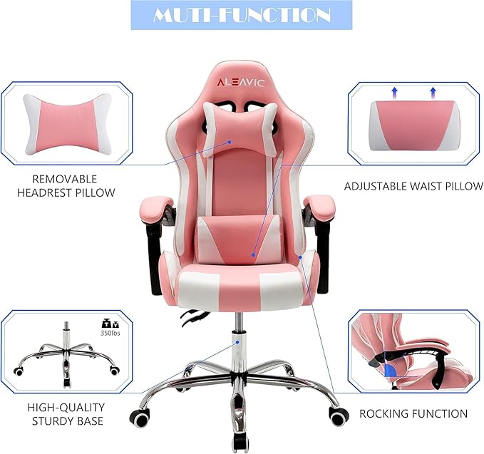 ALEAVIC Gaming Chair with Massager Fabric Gaming Chairs for Adults Ergonomic Gamer Chair with Adjustable Headrest and Lumbar Support Reclining Computer Game Chair High Back Pink White