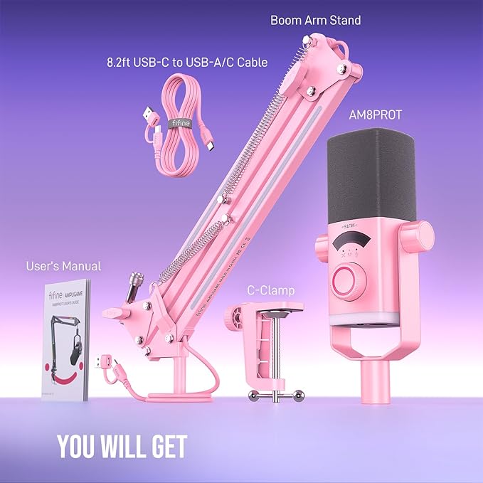FIFINE XLR/USB Gaming Microphone Kit with Boom Arm Stand RGB Streaming Mic for Computer Compatible with PC/PS4/PS5 Podcast Mic Set with Headphone Jack Volume Knob Mute-AmpliGame AM8PROT Pink