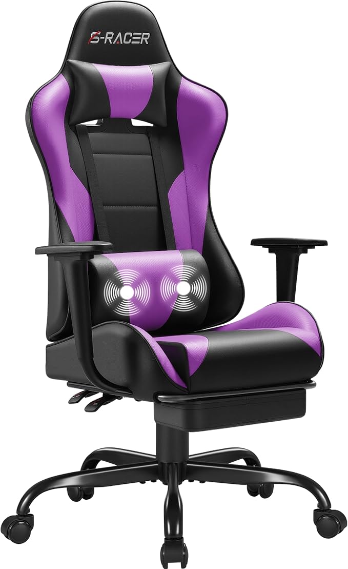 Homall Gaming Chairs Computer Chair with Footrest and Massage Lumbar Support Height Adjustable Game Chair with Headrest and Swivel Seat (Purple)