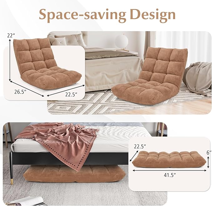 14-Position Lazy Sofa Chair with Soft Coral Fleece Folding Gaming Chair Couch Recliner Floor Seat for Reading Meditating Yoga (Tan)