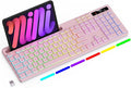 Wireless Keyboard with 7-Color RGB Backlit Full-Size Computer Keyboard with Phone Tablet Holder 2.4G Rechargeable Gaming Keyboard with Light Up Keys Compatible with Mac Windows (Pink)