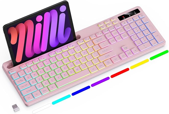 Wireless Keyboard with 7-Color RGB Backlit Full-Size Computer Keyboard with Phone Tablet Holder 2.4G Rechargeable Gaming Keyboard with Light Up Keys Compatible with Mac Windows (Pink)