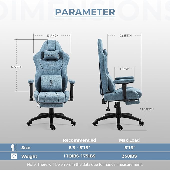 Dowinx Fabric Gaming Chairwith Pocket Spring Cushion Ergonomic Computer Chair with Massage Lumbar Support Comfortable Reclining Game Office Chair 300lbs for Adult Blue