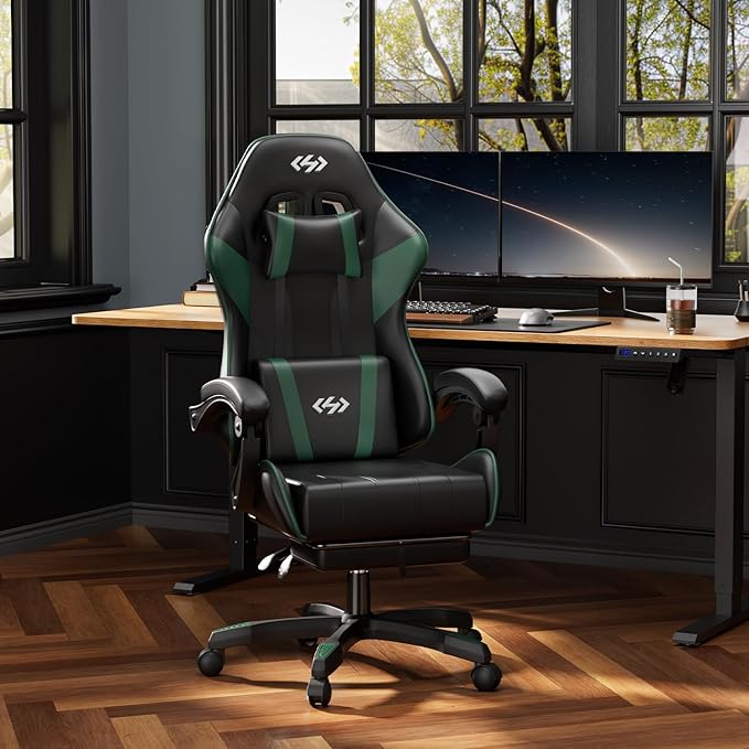 HLDIRECT Gaming Chair Ergonomic Computer Office Chair with Lumbar Support Footrest Headrest PU Leather 360° Swivel Adjustable Height Metal Frame 200 lbs Capacity (Black&ampGreen)