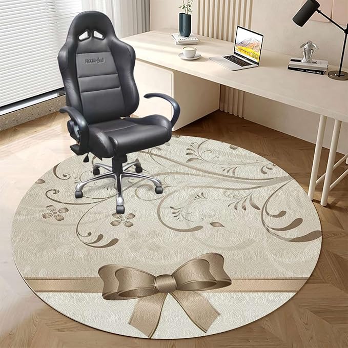 Eggshell Brown PU Leather Gaming Chair Mat Under Computer Desk Flourishing Flower Swirled Branches Round Office Chair Mats Home Rolling Gaming Chair Mat Seasonal Diameter 55 in