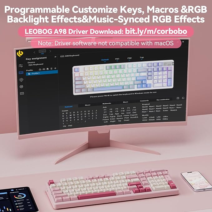 LEOBOG A98 Wireless Mechanical Keyboard Tri-Mode BT5.0/2.4GHz/USB-C Creamy Keyboard with Number Pad Gasket Structure Hot Swappable PBT Keycaps RGB Backlit Pink Gaming Keyboard with Knob for PC