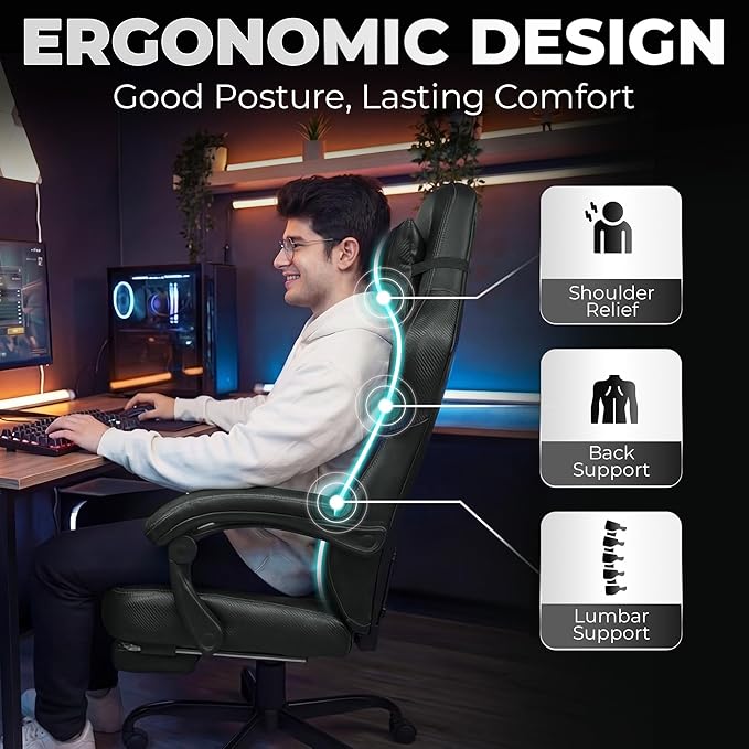 N-GEN GAMING Video Gaming Chair Big and Tall Office Computer Desk Chairs with Ergonomic Lumbar Support High Back Recliner and Footrest for Adults (Black)