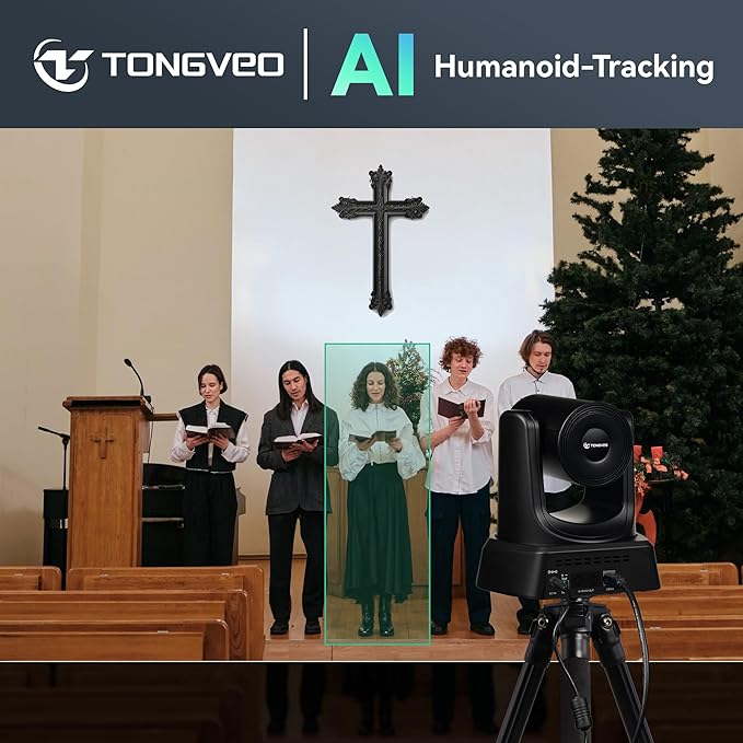 TONGVEO AI Wireless PTZ Camera System with Auto Tracking Built-in Receiver &amp Bluetooth Speakerphone 5.8GHz 1080P 60fps Conference Camera with 3X Optical Zoom for Church Zoom OBS Meetings