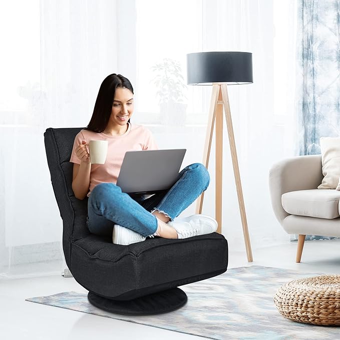 Rainfally 360-Degree Swivel Floor Sofa Chair Folding Gaming Chair w/ 5-Position Adjustable Backrest &amp Comfortable Sponge Padded Lazy Sofa Lounge Chair for Reading TV Watching or Gaming (Black)
