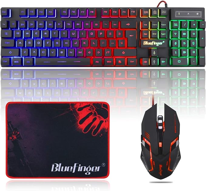 BlueFinger RGB Gaming Keyboard and Backlit Mouse Combo USB Wired LED Gaming Set for Laptop PC Computer Game and Work