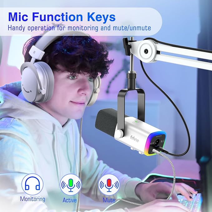 FIFINE Gaming Microphone Pack with Metal Boom Arm Stand RGB Mic with Gain KnobMic MuteMonitoring Jack Boom Arm Bundle with Adjustable Range5/8 Screw for Streaming Podcast Recording (AM8W+BM63W)