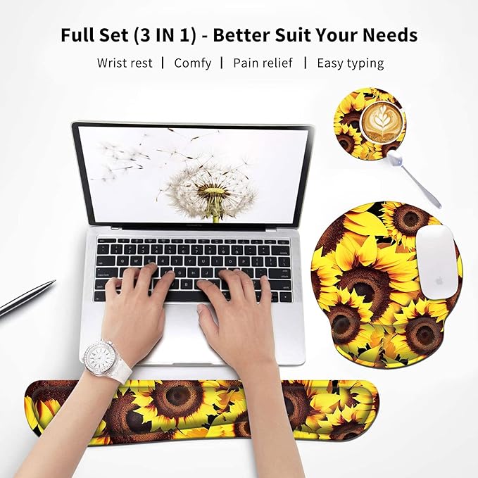 Sunflower Keyboard Wrist Rest+Mouse Pad with Wrist Support Gel+Coaster Set Ergonomic Design Enlarged Memory Foam Easy Typing Pain Relief Carpal Tunnel Cushion Kit for Computer Laptop Home Office