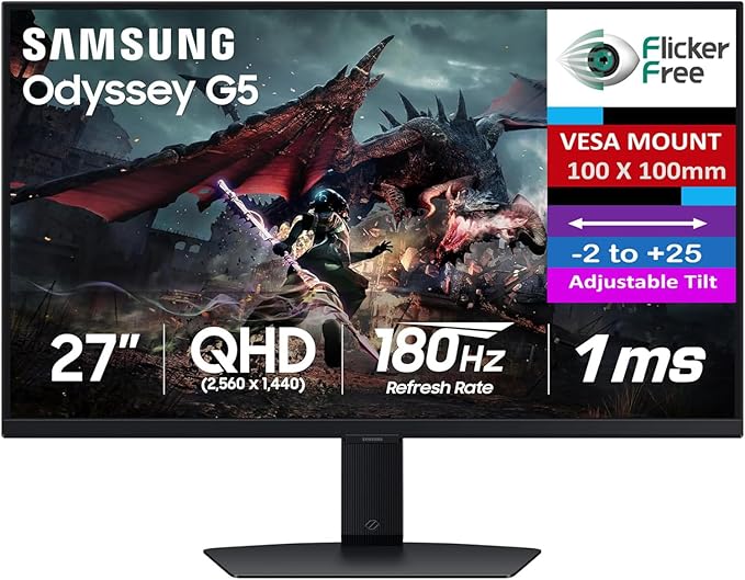 Samsung Odyssey G50D 27 QHD IPS Monitor with AMD Free Sync 1ms Response Time Flicker Free VESA Mount (100mm) Displayport HDMI Black Color (LS27DG500ENXZA) (Renewed)