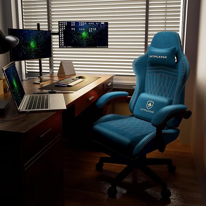 GTPLAYER ACE-PRO Music Gaming Chairs – Built-in Speakers App Support &amp Bluetooth Control Computer Game Chairs with Footrest for Adults Ergonomic Reclining Silla Linkage Armrest Blue 【Velvet】