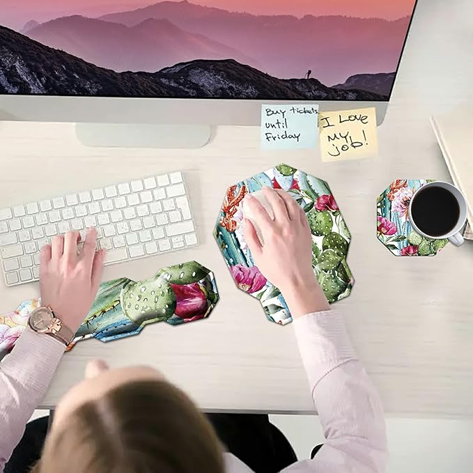 Cactus Succulent Keyboard Wrist Support Pad Mouse Pad with Wrist Rest Matching Coasters Ergonomic Gaming Mousepad Wrist Cushion Gel Memory Foam Easy Typing Pain Relief for Home Office