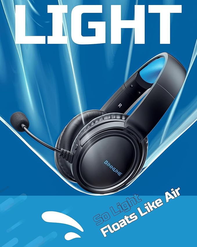 BINNUNE Wireless Gaming Headset — 2.4GHz Low-Latency USB Dongle + Bluetooth 50mm Drivers 7.1 Surround Noise-Cancelling Mic 40H Battery — Over Ear Wireless Headphones for PS5 PC Laptop Blue
