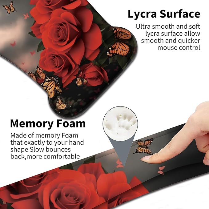 Keyboard Wrist Support + Wrist Mousepad + Coaster Combination Non-Slip PU Base with Gel Memory Mousepad Suitable for Gaming Office Pain Relief Mousepad Set - Flower Butterfly Pink Rose