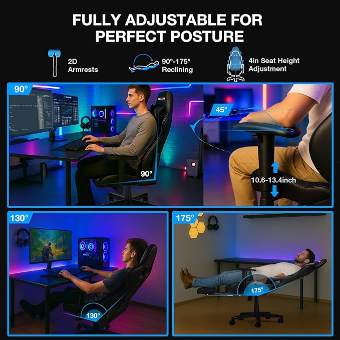 Douxlife 7-Point Massage Gaming Chair with Footrest 400lbs Heavy Duty Ergonomic Computer Chair 175° Reclining High Back Racing Seat for Adults with Adjustable Armrests &amp Lumbar Support Black