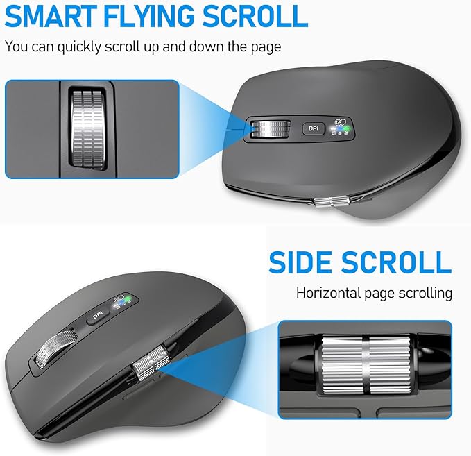 Wireless Side Scroll Mouse with Multi-Device Ergonomic Computer Mice with Smart Flying Scroll Quiet Click 4-Level DPI for Computer Laptop iPad Tablet MacBook (Grey)