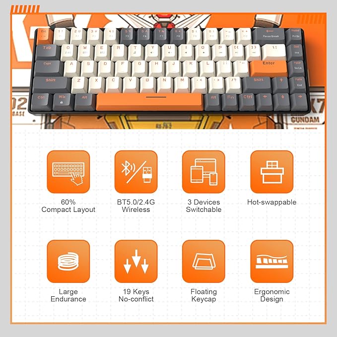 MAGIC-REFINER RK68 60% Wireless Mechanical Keyboard Bluetooth 5.0/2.4GHz with Dual Mode 2-in-1 Receiver Compact 68-Key Hot Swappable Gaming Keyboard Linear Red Switch for PC Mac Xbox Smartphone