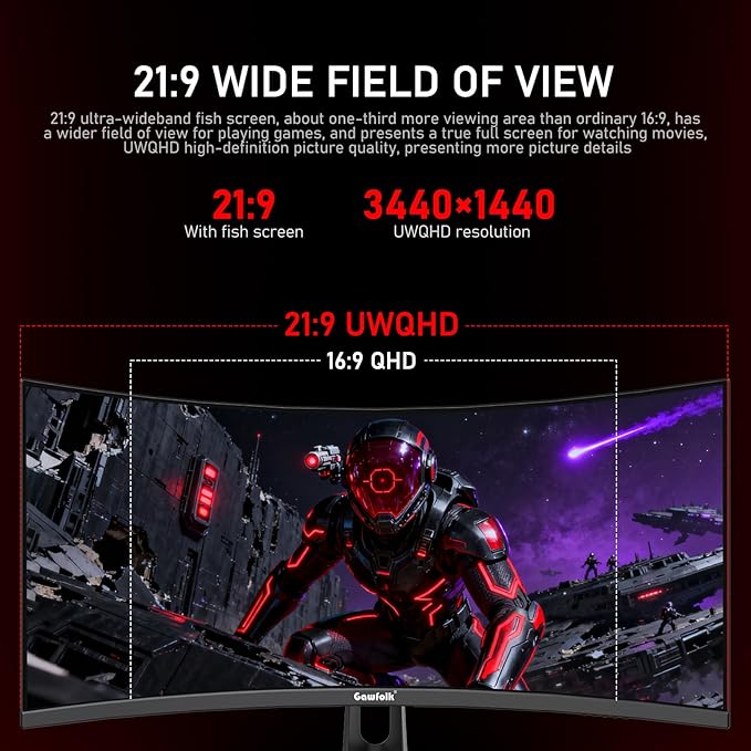 Gawfolk 34 Inch Ultrawide Curved 180Hz Gaming Computer Monitor1500R PC Screen 21:9 UWQHD (3440x1440)120% sRGBAdaptive Sync178° Viewing AngleDisplay Port、HDMICompatible with Wall mounting -Black