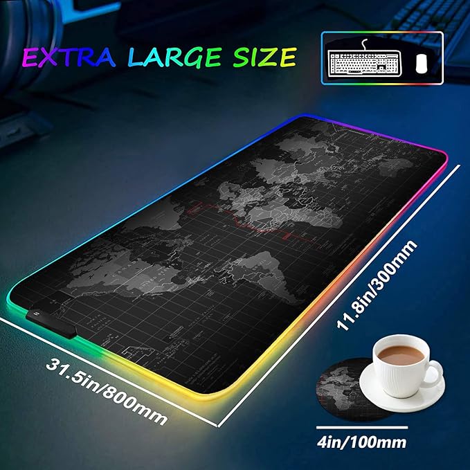 RGB Gaming Mouse Pad with Coffee Coaster XXL Large Glowing LED Mousepad Anti-Slip Rubber Base Computer Keyboard Desk Mouse Mat 31.5 X 11.8 Inch - World Map Pattern