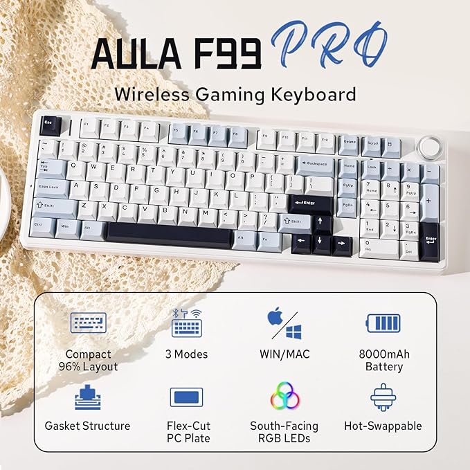 MechLands Aula F99 PRO 96% Mechanical Gaming Keyboard BT5.0/USB-C/2.4GHz Wireless Hot Swappable Gasket Custom Keyboard with 8000mAH Battery Rotary Knob RGB Backlit for Win/Mac (White Blue)