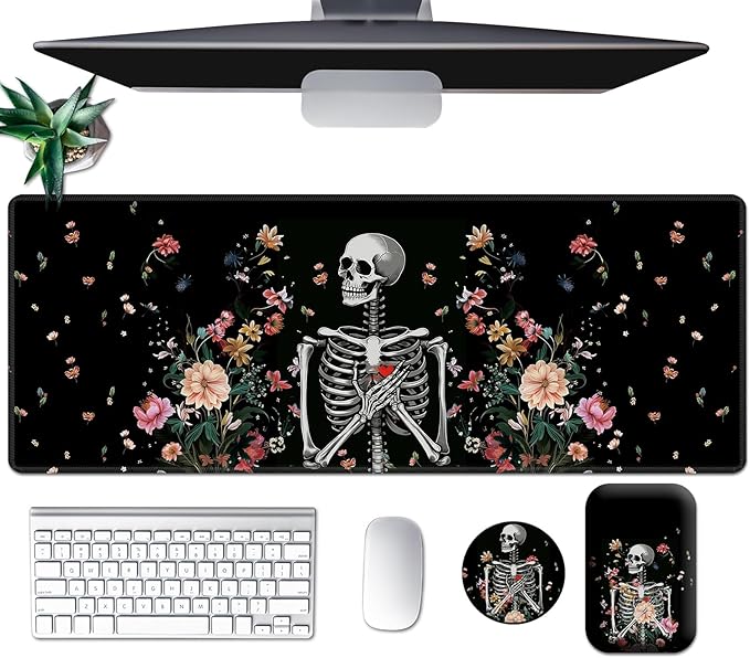 Large Mouse Pad Set Desk Mat + Elbow Rest Pad + Coaster Easy Typing Pain Relief Ergonomic Arm Rest Pad with Memory Foam Extended Desk Pad Anti-Slip Rubber Base for Office Home Floral Skull