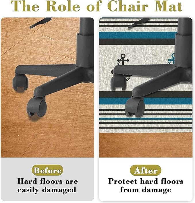 Pale Blue White PU Leather Gaming Chair Mat Round Floor Mats Marine Anchor Striped Background Office Chair Computer Gaming Desk Mat for Rolling Chair Non-Slip Gaming Rug Anchor Diameter 39.4 in