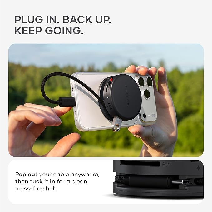 Satechi OntheGo™ 7-in-1 USB-C Hub Compact Magnetic Multiport Adapter 100W PD HDMI 4K/60Hz Gigabit Ethernet 2×USB-A 5Gbps SD/microSD Reader Coiled Cable for Mac &amp Windows – Space Black