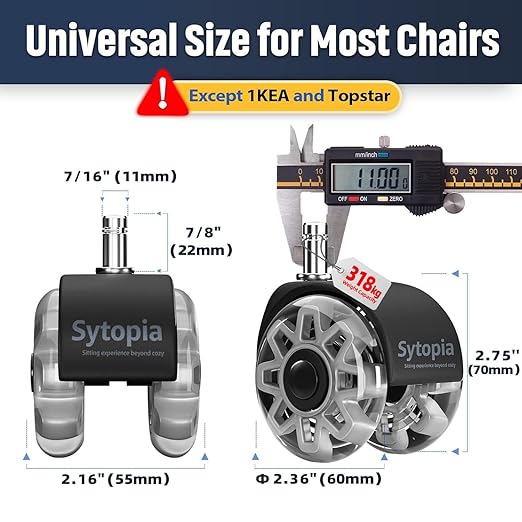 Sytopia Office Chair Wheels Replacement 2.5 Inch Heavy Duty Casters Set of 5 for Carpet and Hardwood Floors Universal Size 11x22mm Fits 99% Grey