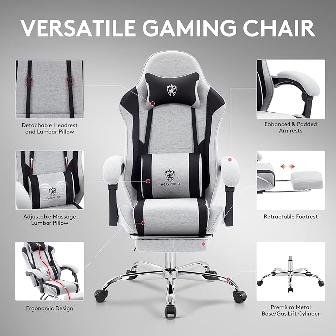 Gaming Chair Breathable FabricComputer Office Chair with FootrestMassage Lumbar Support and Gel PadErgonomic Reclining Adjustable Gamer Chair with Headrest and Spring Cushion Grey Black