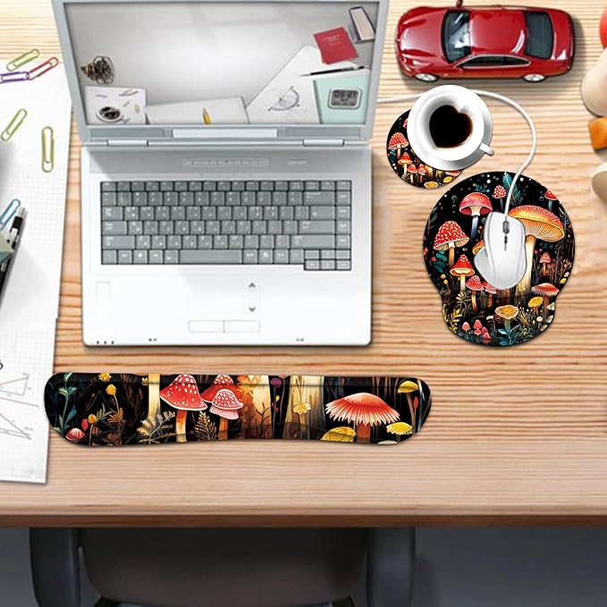 Keyboard Wrist Rest and Mouse Pad Wrist Support Set with CoasterComfortable for Easy TypingPain ReliefMemory Foam Keyboard Pad Set for Laptop MacCute Mushrooms