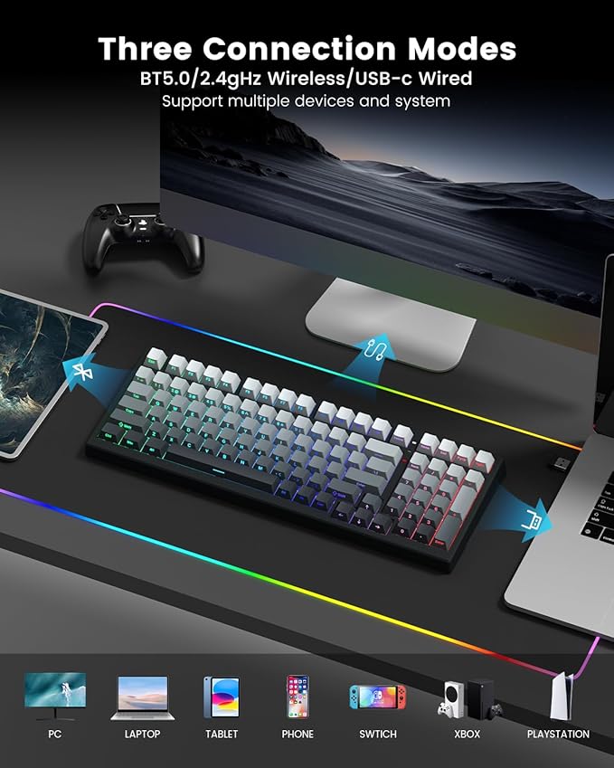 X98 Wireless Mechanical Keyboard RGB Backlit Custom Gaming Keyboard with Number Pad BT5.0/2.4GHz/USB-C Gasket Structure Hot Swappable Pre-lubed Linear Switch Side Printed PBT Keycaps