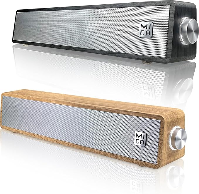MICA Bluetooth Computer Speakers Angled Wooden Computer Sound Bar 3.5mm Aux-in Connection Wired USB Powered PC Speakers for Desktop Monitor Laptop Tablet - Yellow &amp Black (M30T)