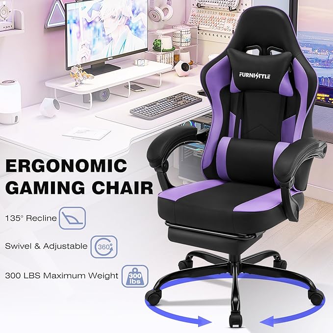 Gaming Chair Purple Gaming Chairs for Adults Teens High-Back Ergonomic Computer Chair with Extended Footrest Removable Headrest &amp Lumbar Support Wide PU Leather Reclining Desk Chair