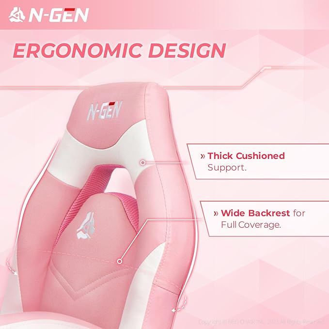 N-GEN Video Gaming Chair Ergonomic Computer Desk Office Chair with Lumbar Support Adjustable Height Swivel Wheels Flip-Up Arms PU Leather Home and Office (Pink)