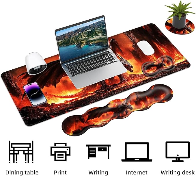 Keyboard Mouse Pad Set Extended Gaming Mouse Pad+Ergonomics Keyboard Wrist Rest Support Memory Foam Easy Typing Pain Relief 4Pcs XL Ultra Thick Desk MatFire Dragon