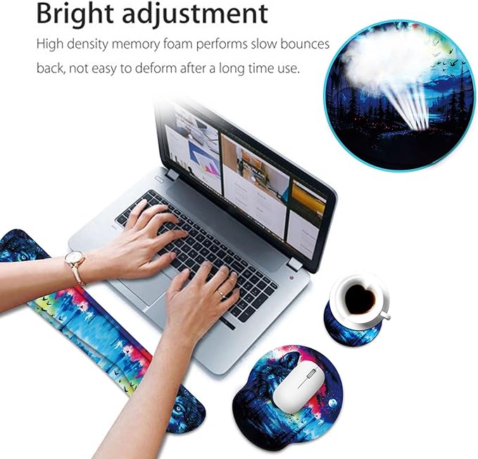 Keyboard Wrist Rest and Mouse Pad Wrist Support Set with CoasterComfortable for Easy TypingPain ReliefMemory Foam Keyboard Pad Set for Laptop MacForest Wolf